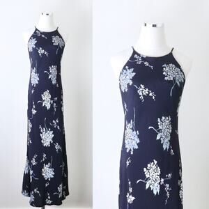 Vintage 1990s Size 4 Rayon Slinky Maxi Dress Navy Blue Floral Print
